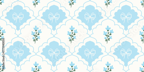 Coquette Floral trellis seamless pattern with bows and ribbons. Preppy spring summer hand drawn flowers. Botanical elegant trendy print. Vintage design for fabric, wallpaper, decor, background, paper