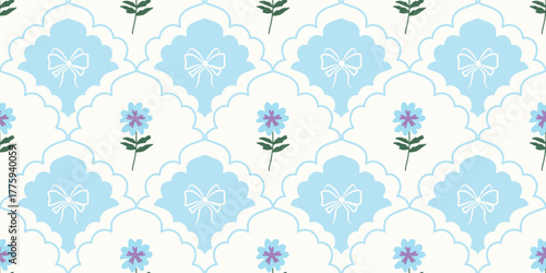 Coquette Floral trellis seamless pattern with bows and ribbons. Preppy spring summer hand drawn flowers. Botanical elegant trendy print. Vintage design for fabric, wallpaper, decor, background, paper