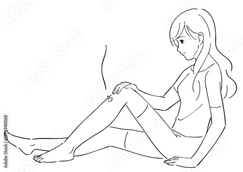 足にお灸をする女性の白黒イラスト