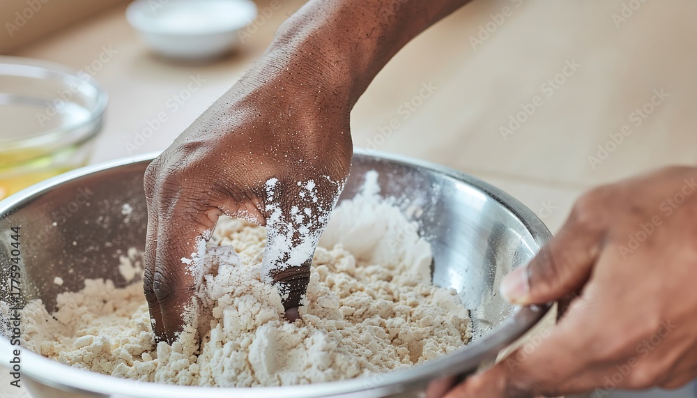 Fototapeta premium A close-up of a person's hands mixing dry ingredients (flour) in a stainless steel bowl for baking.