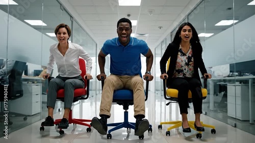 Three office workers gleefully racing on chairs in a modern office, enjoying workplace fun