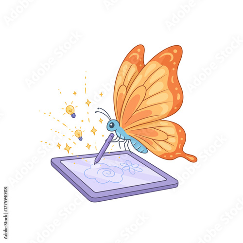 Whimsical butterfly artist with a stylus and tablet, a colorful creative process illustration