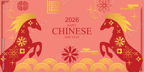 Luxurious red and gold Chinese New Year 2026 concept. A premium vector design of a mythological horse, perfect for luxury branding and greeting cards.