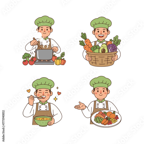 Chef icon set showcasing culinary skills and fresh ingredients, perfect for food and restaurant themes