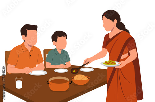 Vector illustration of an Indian mother serving home-cooked food to her family, representing love, care, tradition, and togetherness during mealtime.