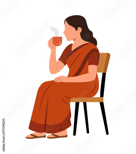 Vector illustration of an Indian woman sitting on a chair and drinking tea, representing relaxation, calm, routine, and morning time in a traditional home setting.