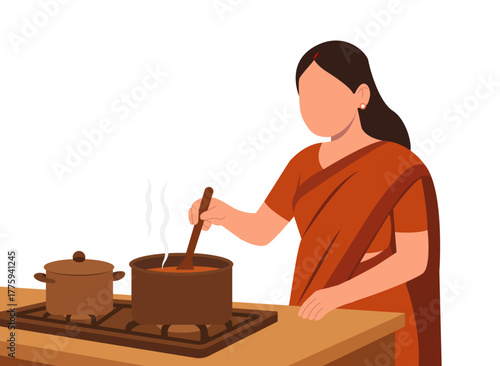 Vector illustration of an Indian woman cooking at home in traditional attire, standing by a stove and preparing a meal, representing domestic life and daily routine.
