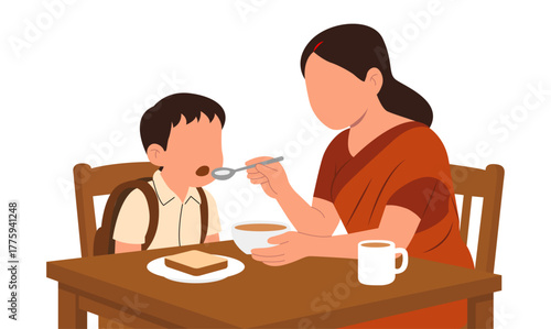 Vector illustration of an Indian mother feeding her son breakfast at the table, symbolizing care, nourishment, love, and parenting in everyday family life.