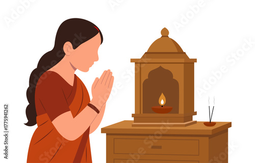Vector illustration of an Indian woman praying in front of a home temple with a diya and incense sticks, depicting spiritual devotion, culture, and daily rituals.