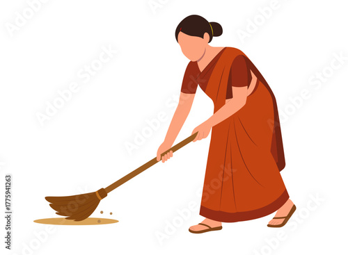 Vector illustration of an Indian woman sweeping the floor with a broom, symbolizing cleanliness, responsibility, and daily household chores in traditional attire.