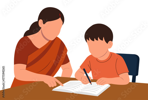 Vector illustration of an Indian mother assisting her son with homework, representing education, support, parenting, and involvement in a child's learning at home.