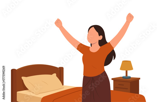 Vector illustration of an Indian woman stretching her arms after waking up beside a bed, representing morning routine, energy, and fresh start to the day.