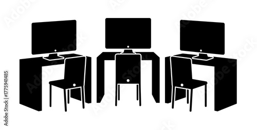 Three computer workstations with desks and chairs for office or study room setup and equipment design icon