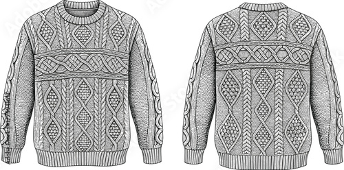 Detailed hand-drawn cable knit sweater front and back view, vintage wool texture design, winter garment fashion sketch illustration, cozy clothing art style, cad drawing flat vector illustration