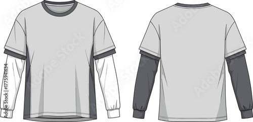 Layered long sleeve t-shirt fashion CAD design, modern streetwear top front and back view, contrast sleeves and neckline, cad drawing flat vector illustration