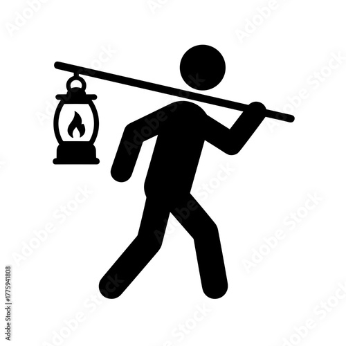 Illustration of a person carrying a lantern on a stick, walking in the dark, a simple black silhouette image icon