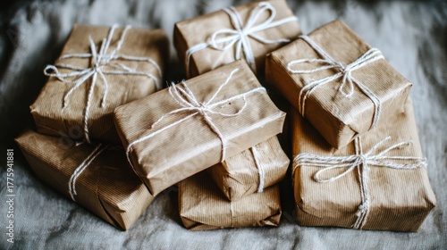 Wrapped Gift Boxes in Brown Paper Tied with White String on Fabric Surface