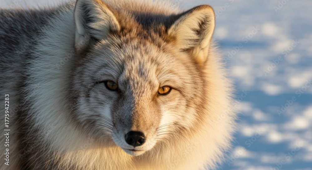 Fototapeta premium Arctic fox portrait, creamy white fur against blurred snowy background in golden light