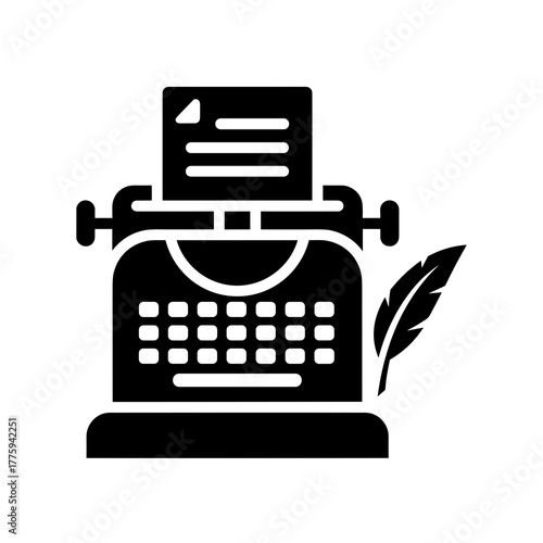 Vintage typewriter with feather pen for writing and authoring creative content and journalism work icon