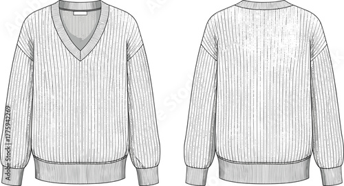 Ribbed knit V-neck sweater front and back view, cozy winter fashion pullover illustration, detailed clothing design sketch, cad drawing flat vector illustration