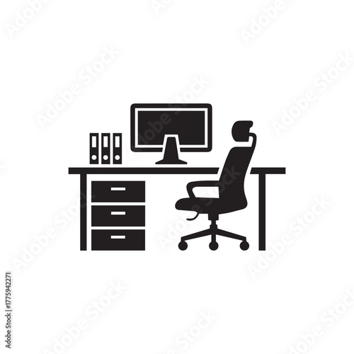 Home Office Desk Setup with Chair Silhouette Vector
