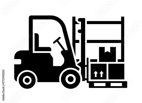 Forklift truck carrying boxes in warehouse logistics and distribution operations equipment for industry use icon