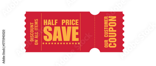 Red discount coupon ticket with yellow text, half price sale voucher design