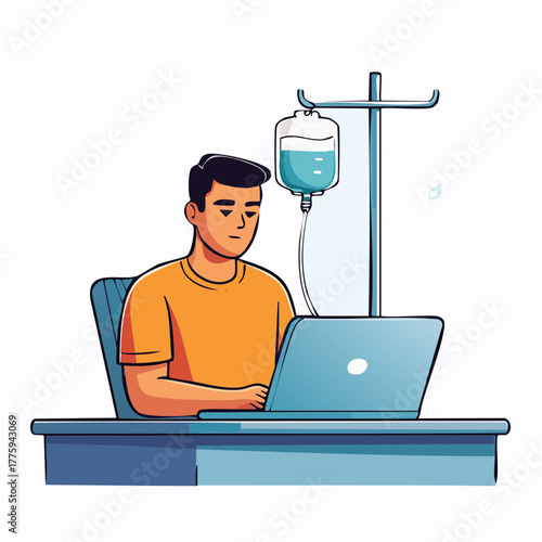 Remote Work During Recovery – Young Man on Laptop with IV Drip