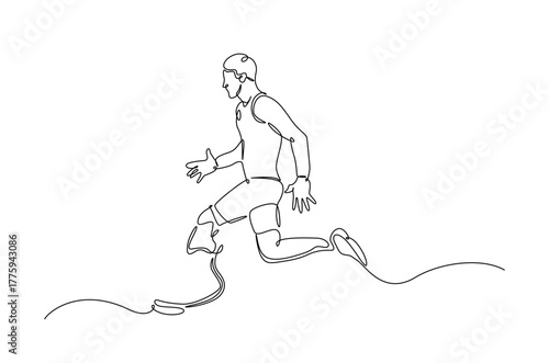 Disabled runner using a prosthetic leg in continuous one line drawing. Single line art illustration of Disability runner using a prosthetic leg. Editable vector.