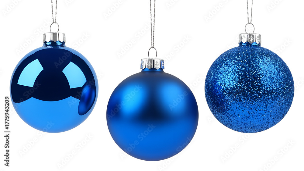 Naklejka premium Three blue Christmas ornaments isolated on transparent background