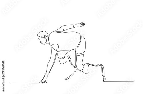 Disabled runner using a prosthetic leg in continuous one line drawing. Single line art illustration of Disability runner using a prosthetic leg. Editable vector.