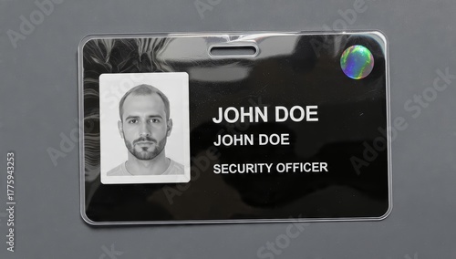 Security officer identification badge with employee photo and holographic security sticker