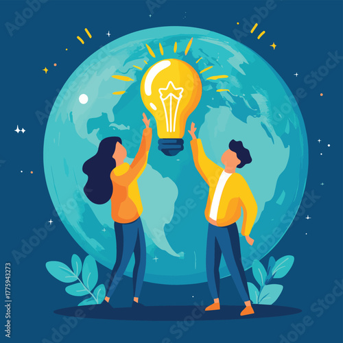 Two people hold up a lightbulb and the planet symbolizing global ideas and innovation   , vector style simple color