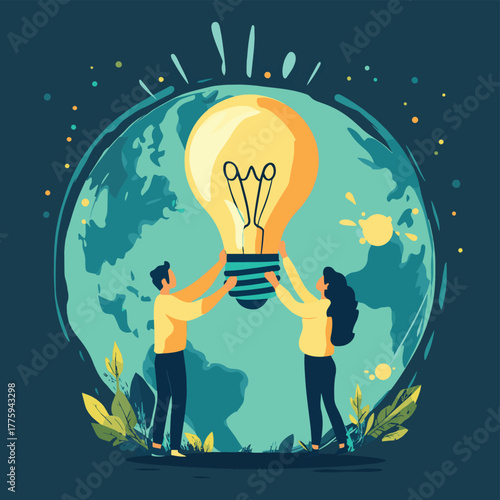 Two people hold up a lightbulb and the planet symbolizing global ideas and innovation   , vector style simple color