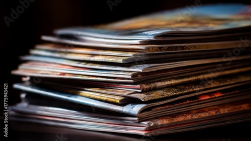 Stack of colorful magazines close up view of pages textured covers and detailed artwork