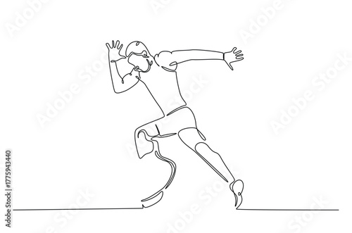 Disabled runner using a prosthetic leg in continuous one line drawing. Single line art illustration of Disability runner using a prosthetic leg. Editable vector.