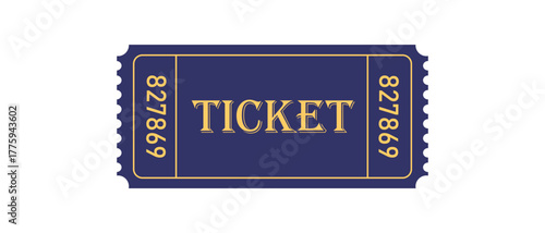 Blue vintage event ticket with gold text, classic admit one pass vector design