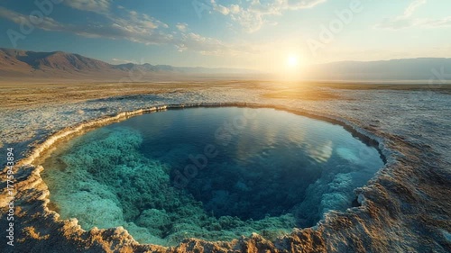 Tranquil water pool at sunset in desert landscape
