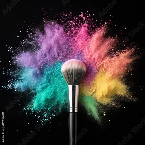 Makeup brush with colorful powder explosion on black background