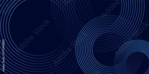 Blue abstract background with glowing circles. Circular swirling line pattern. Geometric spirals simple
