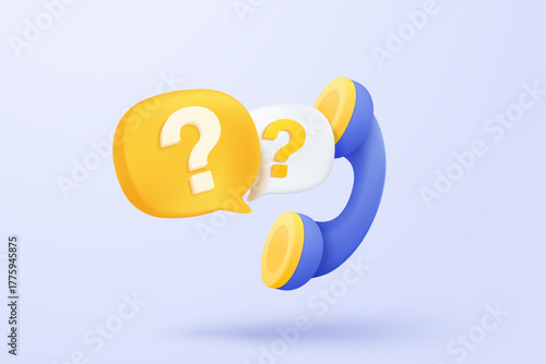3d call phone and bubble Talking. Talk with service support hotline, Question mark icon sign or ask FAQ and QA answer, telephone for contact customer. 3d call center vector  icon render illustration