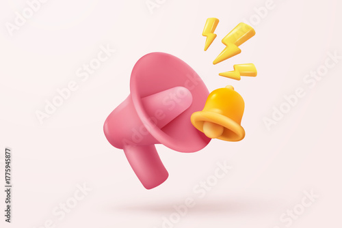 3d megaphone speaker or loudspeaker bullhorn for announce promotion, megaphone loud hailer with bell notification, speakerphone 3d icon vector render illustration for alert and announcement