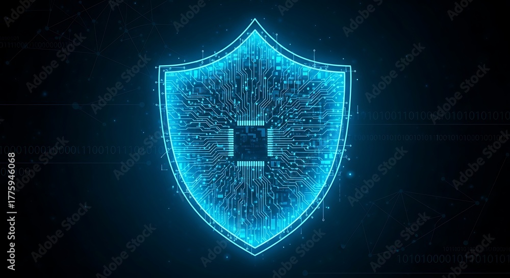 Fototapeta premium Digital Shield: Cybersecurity Concept with Glowing Circuitry and Binary Code, Showcasing Network Security, Data Protection, and Advanced Technology (155 Characters)