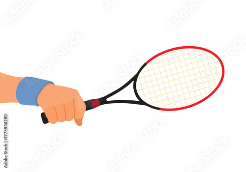 Hand holding tennis racket isolated on white background