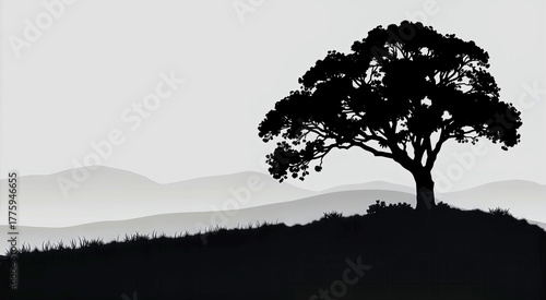 Silhouette of a Solitary Tree on a Hill During Sunset With Distant Mountains in the Background