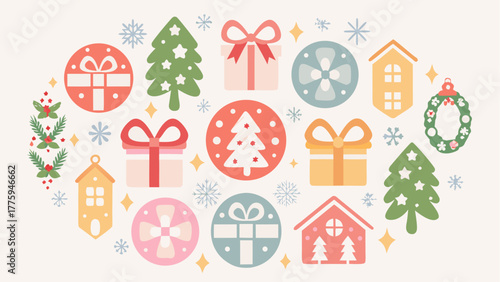 Delightful holiday cheer with cute Christmas tree gifts and houses perfect for festive greeting cards and social media posts for joyous winter celebrations