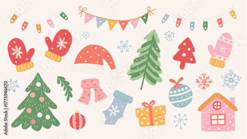 Delightful Christmas cheer with trees, ornaments, mittens, and festive garlands bringing holiday joy in a whimsical seasonal celebration, vector art