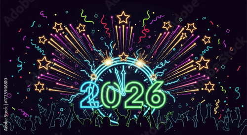 Dynamic neon New Year 2026 celebration with sparkling fireworks, confetti, and a midnight countdown, capturing the festive spirit and excitement of a fresh start