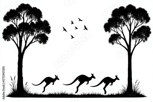Kangaroos hopping between silhouetted trees with birds flying