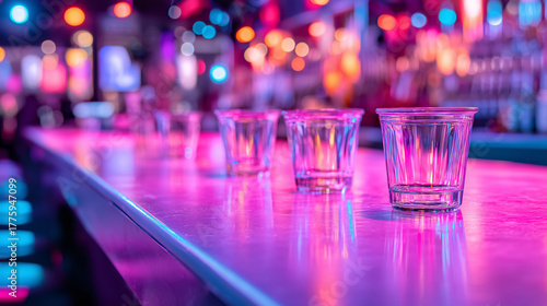 Neon shot glasses on glossy bar counter with colorful club lights and festive mood in shallow depth of field